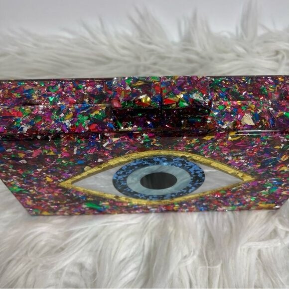 Evil Eye Acrylic Confetti Clutch Gold Chain Strap Handbag Multicolor Small - Picture 6 of 11